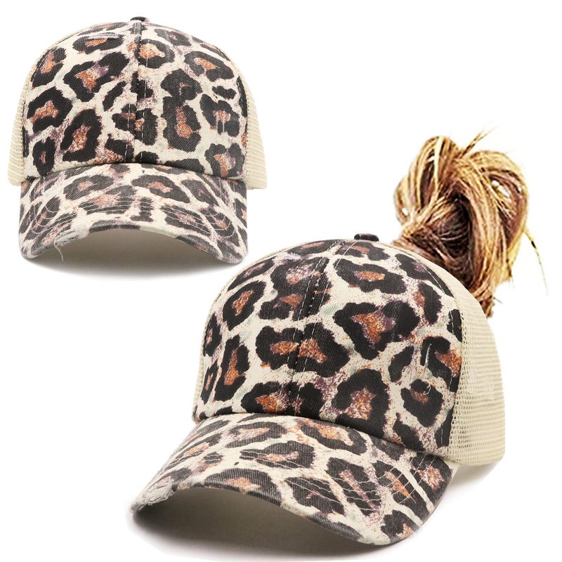 ProMindFun Womens Ponytail High Messy Bun Hats Distressed Baseball Caps Unconstructed Washed Dad Hat Girls Trucker Ponycaps (10-Brown Leopard) - Image 1
